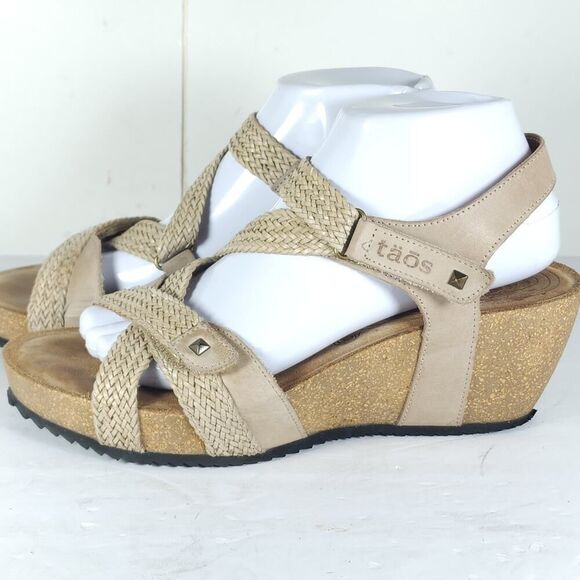 Taos Women’s Julia US9-9,5 Beige Leather Woven Cork Wedge Strappy Sandals - Picture 2 of 16